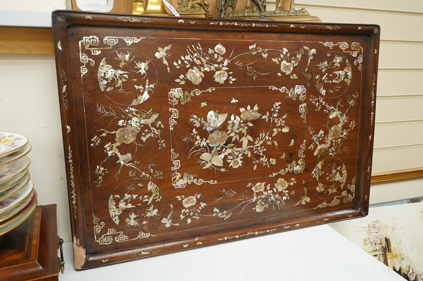 A Chinese hongmu and mother of pearl inlaid tray, 70cm wide x 48cm deep
